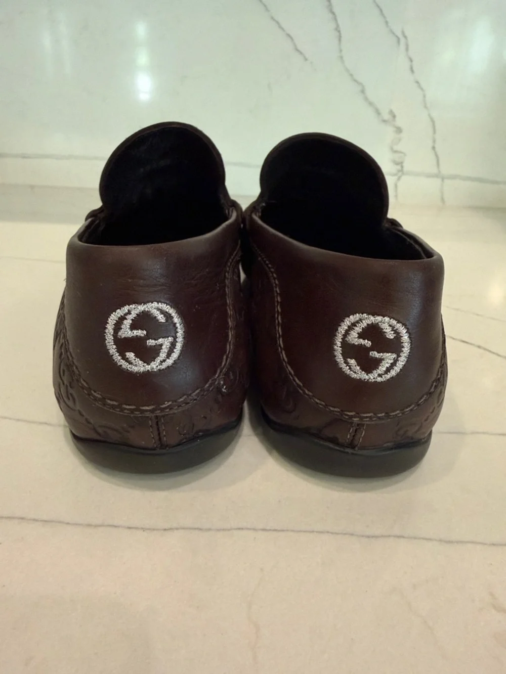 Gucci Brown Embossed GG Leather Penny Loafers - Picture 6 of 12